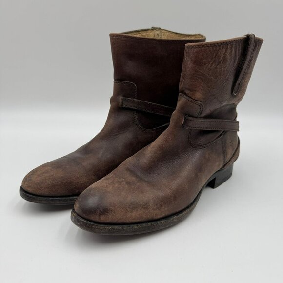 Frye Womens Lindsay Plate Stonewashed Distressed Short Brown Leather Ankle Boots - Picture 1 of 11